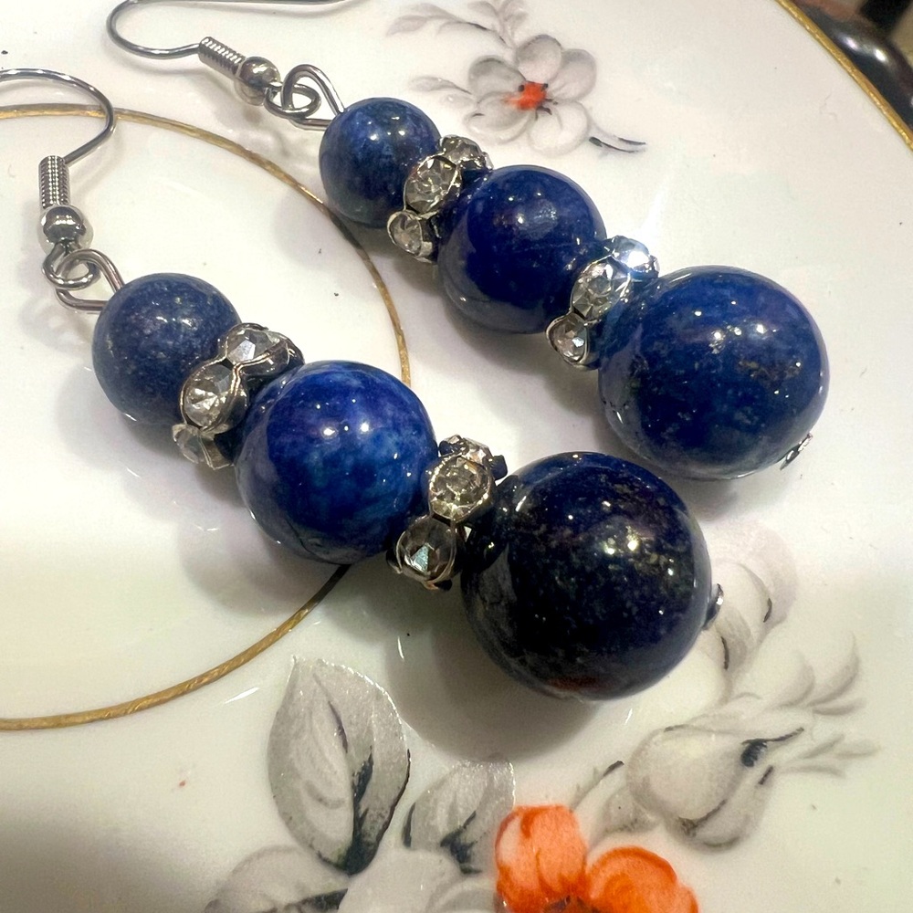 Stunning 💙💎 Lapis Lazuli Graduated Ball Rhinestone Drop Pierced Earrings 💎💙